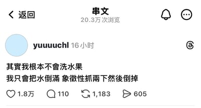社交媒体截图，用户yuuuuchl发布的帖子内容为“其实我根本不会洗水果 我只会把水倒满 象征性抓两下然后倒掉”，幽默自嘲日常洗水果的敷衍行为。帖子获得20.3万次浏览，1.8万点赞，110条评论，1183次转发和605次分享，引发网友共鸣。