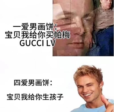这是一张对比类梗图，通过上下两部分展示不同类型男性的"画饼"行为。上半部分文字为"一爱男画饼: 宝贝我给你买帕梅 GUCCI LV"，配图为一名男性的局部特写；下半部分文字为"四爱男画饼: 宝贝我给你生孩子"，配图为一名金发男性微笑着竖起大拇指。图片通过幽默方式对比了两种不同的恋爱关系中男性做出的承诺差异。