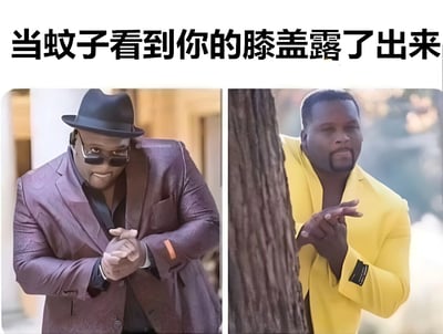 这是一张双图拼接的幽默梗图，上方配有文字“当蚊子看到你的膝盖露了出来”。左侧图片中，一名穿着紫色西装、戴着黑色礼帽和墨镜的男子双手合十，表情带着一丝得意和期待；右侧图片中，该男子换穿黄色西装，站在树旁，同样双手合十，眼神中透露出急切和兴奋。图片通过拟人化手法，将蚊子看到人类暴露膝盖时的贪婪和兴奋感，用人物夸张的表情和动作生动展现出来，营造出搞笑戏谑的效果。