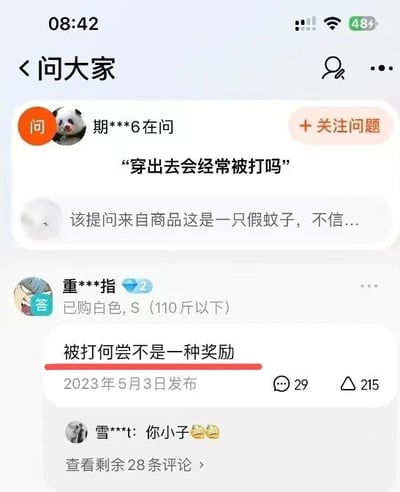 电商平台商品问答区截图，用户"期***6"提问关于假蚊子商品："穿出去会经常被打吗"，另一位用户"重***指"幽默回答："被打何尝不是一种奖励"，引发趣味互动。