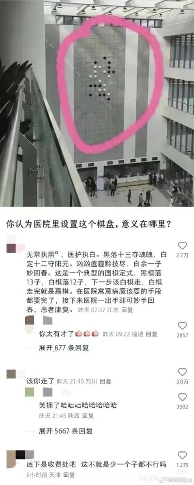 这张图片分为上下两部分：
1. 上半部分是医院大厅的实拍场景，一面墙设置了围棋棋盘造型的装饰，黑棋落有13子，白棋落有12子，下方是医院的收费区域，有不少人员活动。
2. 下半部分是社交平台的评论区，针对“医院设置这个棋盘的意义”，网友们给出了各种趣味解读：
   - 高赞评论将棋局与医院寓意结合，把黑棋比作无常/病魔，白棋比作医护，黑13子对应“夺魂魄”，白12子对应“守阳元”，下一步白棋走就能赢，寓意医院妙手回春，患者康复；
   - 玩梗评论“该你走了”获得最高点赞；
   - 另有评论调侃下方是收费处，寓意“少一个子都不行”。
整体充满了网友的脑洞和趣味玩梗，将围棋棋局和医院场景巧妙结合，引发共鸣。