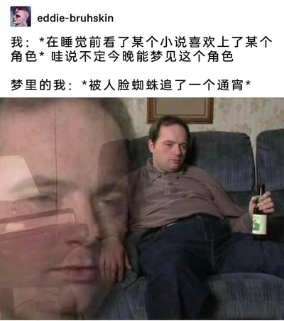 这是一张充满反差感的搞笑网络梗图，由用户eddie-bruhskin创作发布。文字部分描述了一个荒诞的日常经历：睡前因为喜欢上某个小说角色，满心期待能在梦里见到对方，结果梦境却完全偏离预期，自己被人脸蜘蛛追了一整夜；图片部分将经典的“疲惫瘫坐”梗图与人脸蜘蛛的模糊面部形象合成，瘫坐在沙发上、神情萎靡的男子手持酒瓶，生动展现出经历了糟糕噩梦后，身心俱疲、无奈又崩溃的状态，用强烈的心理预期与现实梦境的反差制造笑点，引发有过类似荒诞梦境经历的网友共鸣。