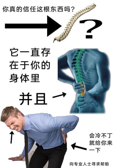 这是一张图文混排的健康科普宣传图，通过递进的图文内容提醒人们关注脊柱与腰部健康。顶部展示脊柱骨骼图，搭配文字“你真的信任这根东西吗？”引发观者注意；接着用文字“它一直存在于你的身体里”点明脊柱的存在，中间放置人体脊柱高亮疼痛区域的影像图，指向下方一位身着衬衫领带的职场男性——他面部痛苦皱眉，身体前倾，一只手撑住支撑物，另一只手紧紧扶着腰部，呈现出腰痛发作的状态，搭配文字“并且→会冷不丁就给你来一下”，生动展现脊柱问题带来的突发腰痛；最后在底部标注“向专业人士寻求帮助”，给出应对建议，整体针对职场人群易出现的腰部问题进行科普，传递关注脊柱健康的理念。