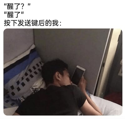 这是一张充满共鸣感的搞笑梗图，上方以对话形式呈现场景：消息发送方询问“醒了？”，自己强撑着回复“醒了”，随后配文“按下发送键后的我：”，下方的图片展示了一个男子侧躺在床上，手里还握着手机，但双眼紧闭已经陷入睡眠的画面。该图生动还原了很多人没睡醒时，被迫回复消息后立刻又睡着的真实日常，精准戳中起床困难人群的生活状态，用夸张又真实的场景引发观者的共鸣与笑点。