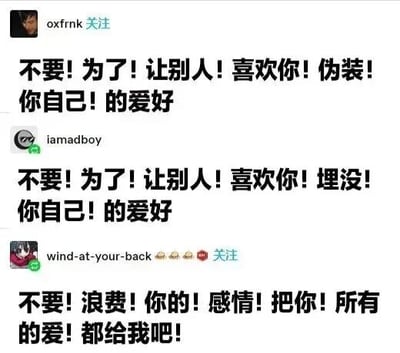 图片为社交媒体评论截图，包含三条用户发言。前两条内容相似，分别强调“不要为了让别人喜欢你而伪装自己的爱好”和“不要为了让别人喜欢你而埋没自己的爱好”，均采用“不要！为了！让别人！喜欢你！XX！你自己！的爱好”的感叹句句式，传递自我认同的励志主题。第三条评论转折，改为“不要浪费你的感情！把你所有的爱都给我吧！”，形成幽默反差。整体风格简洁，以文字为主，适合社交媒体分享。