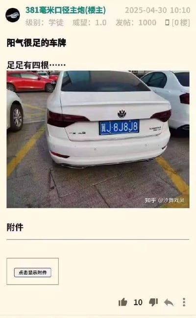 这是一张网络论坛的发帖截图，楼主昵称为381毫米口径主炮，发布时间为2025年4月30日。帖子配文称配图中的白色大众汽车车牌“阳气很足，足足有四根”，配图里的白色大众汽车悬挂的车牌为冀J·8J8J8，玩了字母J与中文“鸡”的谐音梗，将四个J调侃为阳气很足的象征，车辆照片右下角带有知乎@汐舞戏凤的水印，帖子底部有点赞等互动按钮。