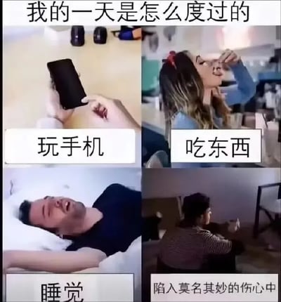 这是一张多图拼接的图文混排类梗图，顶部配有标题文字“我的一天是怎么度过的”，通过四个独立的生活场景画面，分别对应四种日常状态：左上画面展示一个人躺着举着手机，配文“玩手机”；右上画面展示一位女生抬手将食物送入口中，配文“吃东西”；左下画面展示一名男子躺着睡觉，配文“睡觉”；右下画面展示一个人独自坐着发呆，配文“陷入莫名其妙的伤心中”。整张图生动地描绘了当代部分人群重复、平淡又偶尔会陷入莫名情绪的日常状态，能够引发很多人的生活共鸣，常被用来调侃或表达自己的宅家生活状态。
