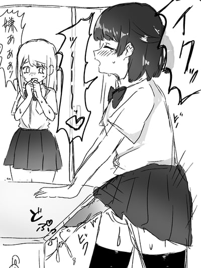 这是一幅黑白日式校园风格原创漫画，画面右侧的短发女学生满脸通红、流着汗和口水，身体前倾时弄洒了桌上的液体，液体正从桌沿滴落；左侧的长发女学生双眼含泪、双手捂嘴，露出震惊又害羞的表情，旁边的对白气泡写着「嫌ああああッ」（讨厌啊啊啊啊），搭配拟声词「ィクッ」「どぅっ」，整体场景充满了尴尬、社死的氛围，是典型的校园百合向暧昧尴尬场景。