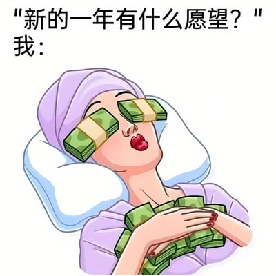 这是一张新年主题的搞笑表情包，上方文字写着"新的一年有什么愿望？"，下方文字"我："旁边是一个卡通风格的女性形象。她头上裹着紫色毛巾，眼睛上用两叠钞票当眼罩，双手抱着一大捧钞票，脸上露出满足的表情，嘴巴涂着红色口红。图片通过夸张的方式表达了人们对新年财富的渴望，用幽默的手法展现了许多人简单直接的新年愿望。