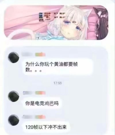 这是一张由游戏画面和聊天记录拼接而成的搞笑梗图：上方是美少女游戏《巧克力与香子兰》中角色香草的游戏画面，画面左上角显示着帧数统计；下方是一段聊天记录，同一人连续发送三条消息，先是吐槽「为什么你玩个黄油都要帧数。。」，接着用调侃的语气说「你是电竞鸡巴吗」，最后玩梗夸张表示「120帧以下冲不出来」。整图通过将通常不需要高帧数的美少女成人游戏（黄油）与高帧数需求结合，制造反差感，调侃部分玩家对游戏帧数的极致甚至没必要的追求，充满搞笑的玩梗氛围。