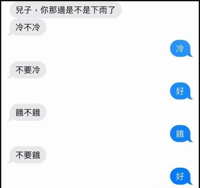 这是一张模拟亲子聊天记录的梗图，左侧灰色对话框为家长发送的关心信息：'儿子，你那边是不是下雨了'、'冷不冷'、'不要冷'、'饿不饿'、'不要饿'，右侧蓝色对话框为孩子的简短回复：'冷'、'好'、'饿'、'好'。通过家长重复的关心提问与孩子简洁的应答形成对比，幽默展现了父母对子女日常无微不至的关怀模式，充满温馨又略带调侃的家庭氛围。