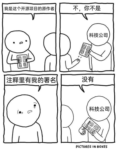 这是一幅四格黑白连环卡通漫画，以简洁的无脸人物形象，描绘了开源项目原作者与科技公司代表的对峙场景：第一格中原作者手持代码文件，向对方表明自己是该开源项目的原作者；第二格中科技公司代表直接否认；第三格原作者强调代码注释里有自己的署名，神情开始变得委屈；第四格科技公司代表再次否认，原作者眼眶含泪，漫画以讽刺的手法揭露了部分科技公司在使用开源项目时，抹除原作者署名、侵占创作者权益的不合理现象。