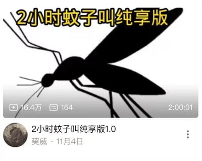 图片为视频缩略图形式，主体是一只巨大的黑色蚊子剪影，上方配有黄色醒目文字“2小时蚊子叫纯享版”。下方模拟视频平台信息栏，显示播放量16.4万、164条评论、时长2:00:01，以及上传者“奚威”和发布日期“11月4日”。内容通过夸张的“2小时纯享版蚊子叫”概念制造黑色幽默，讽刺夜间蚊子嗡嗡声扰人清梦的普遍生活痛点，具有强烈的调侃和娱乐属性。