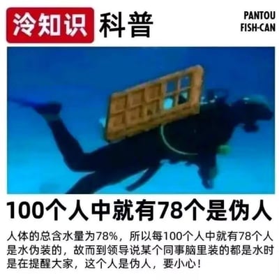 图片上方有红色“冷知识”标签和黑色“科普”文字，中间是一张潜水员在蓝色海水中背负木箱的照片，下方配有文字：“100个人中就有78个是伪人 人体的总含水量为78%，所以每100个人中就有78个人是水伪装的，故而到领导说某个同事脑里装的都是水时是在提醒大家，这个人是伪人，要小心！”。这是一张通过曲解科学事实制造幽默效果的梗图，将人体含水量78%歪解为“78%的人是水伪装的伪人”，调侃领导说同事“脑里装水”是在暗示对方是伪人。