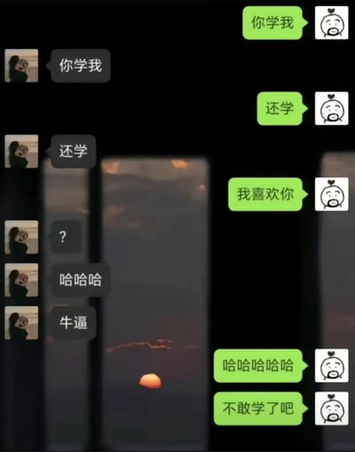 这是一段微信聊天记录截图，对话双方起初玩起互相模仿说话的趣味游戏：黑色对话框用户先发送“你学我”，绿色对话框用户模仿回复，接着黑色用户发“还学”，绿色用户继续模仿；随后绿色对话框用户突然打破模仿节奏，发送“我喜欢你”，黑色对话框用户先是发送问号表示疑惑，随后发出“哈哈哈”“牛逼”的感叹，绿色对话框用户则大笑调侃对方“不敢学了吧”，整个对话充满趣味性，是一种巧妙的表白小套路，适合情侣或暧昧对象间的互动。