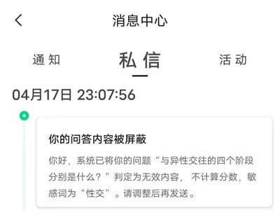 图片展示了某平台消息中心的私信界面，当前选中“私信”标签页。界面显示一条时间为04月17日23:07:56的系统通知，内容为用户的问答内容“与异性交往的四个阶段分别是什么？”被判定为无效内容，原因是包含敏感词“性交”，系统提示需调整后重新发送。界面上方有“通知”“私信”“活动”三个选项卡，左侧有返回箭头图标。
