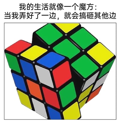 这是一张图文混排的静态图，上方配有文案“我的生活就像一个魔方：当我弄好了一边，就会搞砸其他边”，下方展示了一个处于打乱状态的三阶魔方。图中用魔方的特性来比喻生活中顾此失彼的状态，表达了人们在生活中好不容易理顺一件事，其他事情却又出现问题的无奈情绪，容易引发大众的情绪共鸣。