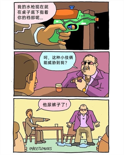 这是一则三格连环搞笑漫画：第一格展示了一只手握着一把绿色玩具水枪，持有者声称水枪正对着桌对面人物的裆部；第二格中，穿紫色西装、戴金项链的黑帮大佬叼着雪茄，满脸不屑地嘲讽这种小伎俩无法威胁到自己；第三格反转出现，大佬站起身，裤腿明显浸湿，旁边的人指着他大喊他尿裤子了，展现了大佬看似强硬实则不堪一击的反差笑点。
