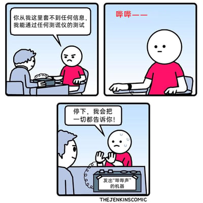 这是一则三格连环搞笑卡通漫画，第一格中，身着红衣的被测试者自信满满地向测谎人员放话，声称自己能通过任何测谎仪的测试，绝不会透露任何信息；第二格中，连接在被测试者身上的测谎仪开始持续发出“哔哔”的声响；第三格中，被持续噪音折磨的红衣人满头大汗，满脸慌张地举手投降，急切地表示愿意说出一切。漫画用夸张的剧情反差制造幽默效果，调侃了人们对持续噪音的忍耐度远低于心理层面的测谎考验，打破了测谎仪用于检测谎言的常规设定。