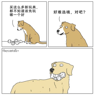 这是一幅出自theycantalk系列的三格拟人动物漫画，充满幽默趣味。第一格中，一只黄棕相间的狗狗蹲坐在一堆新玩具（两个网球、一个带圆点的玩具球、一个骨头造型玩具）前，面露纠结地自言自语：“买这么多新玩具，都不知道该先玩哪一个好”；第二格中，这只狗狗转头，似乎在向同伴寻求共鸣，说道：“好难选哦，对吧？”；第三格中，另一只浅黄色的狗狗直接将所有玩具都叼在了嘴里，用简单粗暴的行动完美解决了选择困难的问题，与前两格的纠结形成强烈反差，制造出搞笑的效果。