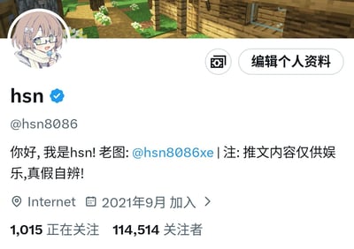 这是一张X.com（原Twitter）个人主页的截图。页面顶部横幅为Minecraft风格场景，展示木质小屋、草地及白色小花；左上角为圆形动漫头像，角色为浅紫色短发、戴眼镜、围浅色围巾，面带微笑并手持物品。主页主体显示用户名“hsn”（带蓝色认证徽章）、账号@hsn8086，个人简介文字为“你好, 我是hsn! 老图:@hsn8086xe | 注:推文内容仅供娱乐,真假自辨!”。页面下方显示关注数1,015、粉丝数114,514，加入时间“2021年9月”，地点标注“Internet”，右上角有“编辑个人资料”按钮。

图片中粉丝数“114514”为网络流行梗，源自日本文化中的谐音及特定场景，常被用于调侃或玩梗。