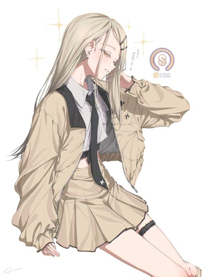 这是一幅风格化的二次元原创插画，画面主体是一位浅金色长直发少女，她用黑色发夹固定部分发丝，身着卡其色短款工装外套，内搭灰白色短款衬衫与黑色领带，下身搭配同色系百褶短裙，腿间还带有黑色腿环。少女侧身端坐，一只手抬起轻触发丝，眼神低垂，神态慵懒又带着酷感。背景点缀的星星特效和画面右侧的S评级标识（附带1500数值），为画面增添了精致感与氛围感。