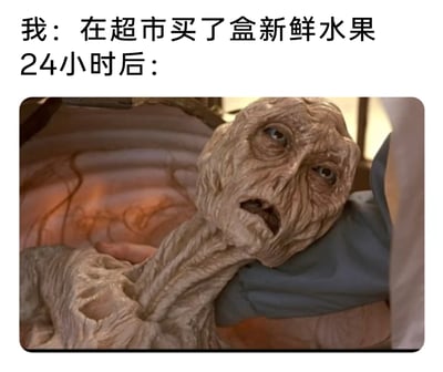 这是一张用来吐槽超市售卖的“新鲜水果”保质期极短的图文混排梗图。图中上方文字分为两段，第一段是“我：在超市买了盒新鲜水果”，交代事件起点；第二段是“24小时后：”，引出后续变化。下方搭配的是美国科幻电影《黑衣人》中的干尸形象截图，这具干尸皮肤干瘪皱缩、形同枯槁，完美对应了仅仅过了24小时就严重变质、失去水分和生机的水果，用夸张的视觉效果放大了水果变质的速度，精准戳中消费者购买此类“新鲜水果”后很快变质的痛点，引发强烈共鸣。