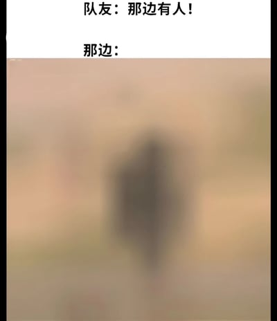 这是一张游戏相关的梗图，上方文字显示队友警告'那边有人！'，下方却是一张极其模糊的图片，只能看到一个深色剪影，完全无法分辨是否有人。这种强烈对比制造了幽默效果，调侃了游戏中队友报点但自己却什么也看不清的常见情景。