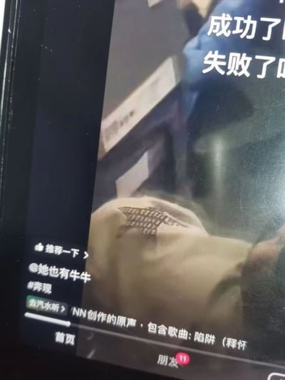 手机屏幕截图显示一段短视频内容，画面中可见一只手（可能握着带有网格图案的物体），右上角有白色文字叠加“成功了”和“失败了”。左侧显示短视频平台UI元素，包括“推荐一下”按钮、用户@她也有牛牛、话题#奔现、“去汽水听”入口，以及原声信息“NN创作的原声，包含歌曲：陷阱（释怀）”。