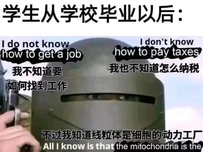 图片上方标题为“学生从学校毕业以后：”，中间是一位戴头盔的人物，左右分别叠加文字“我不知道要如何找到工作”和“我也不知道怎么纳税”，底部文字“不过我知道线粒体是细胞的动力工厂”。通过对比学生毕业后对实际生活技能（找工作、纳税）的无知与对课本知识（线粒体功能）的熟练掌握，形成强烈反差，以讽刺幽默的方式反映教育与现实生活脱节的现象。