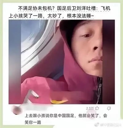 图片为社交媒体截图，上方是新闻标题“不满足足协未包机？国足后卫刘洋吐槽：飞机上小孩哭了一路，太吵了，根本没法睡~”，中间配有刘洋在飞机上的照片，他穿着粉色连帽衫，靠在窗边，表情疲惫。下方有一条高赞评论：“上去跟小孩说你是中国国足，他就会笑了，会笑你一路”，带有明显的讽刺意味。