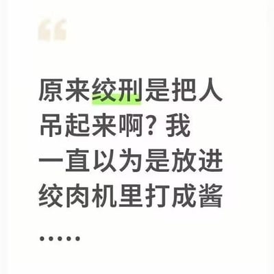 一张纯文字图片，内容为对绞刑的幽默误解："原来绞刑是把人吊起来啊？我一直以为是放进绞肉机里打成酱......"。文字采用黑色字体，其中"绞刑"二字被绿色高亮显示，左上角有疑似引号的符号。