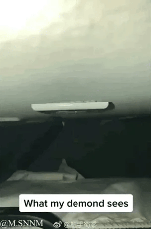 这是一个利用视觉错位效果制作的动态GIF，画面中插座被安装在类似天花板的位置，一只手拿着充电器，通过视角的巧妙设计，让插座看起来像是有着类似鼻孔的结构，充电器的插入过程被演绎得如同往“鼻孔”里塞东西一般荒诞。图下方的英文配文“What my demon sees”翻译为“我脑子里的小恶魔看到的画面”，用这种无厘头的视觉效果，表现出脑海中怪异、不合常理的脑洞场景，充满搞笑荒诞的氛围。