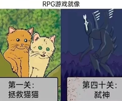 这是一张左右对比的RPG游戏吐槽梗图。左侧画面是两只可爱的小猫（一只橘色、一只米黄色），背景为绿色草地，下方配文“第一关：拯救猫猫”；右侧画面则是深蓝色背景下的暗黑系生物，造型尖锐可怖，下方配文“第四十关：弑神”。图片顶部有文字“RPG游戏就像”，通过强烈的视觉和任务难度对比，幽默地表现了RPG游戏中早期任务与后期任务的巨大反差，从轻松可爱的“救小猫”突变为宏大史诗的“弑神”，充满夸张的喜剧效果。