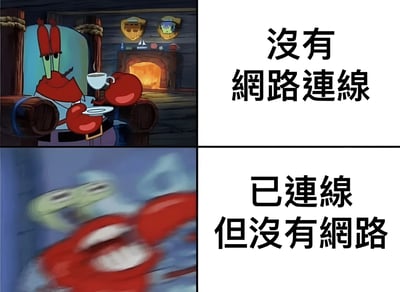 图片为2x2网格的多图拼接漫画，左侧为《海绵宝宝》角色蟹老板的两个场景，右侧为对应文字说明。上排左侧：蟹老板坐在壁炉旁的椅子上，手持咖啡杯，表情淡定；右侧文字为“没有网络连线”。下排左侧：蟹老板动作模糊，表情惊慌，背景有模糊的水母；右侧文字为“已连线但没有网络”。通过蟹老板前后情绪的对比，幽默地表现了网络已连接但无法使用时的崩溃状态。