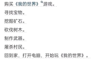 图片为纯文字内容，以列表形式呈现了一系列与《我的世界》相关的行为：从“购买《我的世界》游戏”开始，依次列出“寻找宝物”“挖掘矿石”“砍伐树木”“制作武器”“屠杀村民”，最后以“回到家，打开电脑，开始玩《我的世界》”收尾。通过将游戏内的核心玩法（寻找资源、制作工具、战斗）前置为“准备步骤”，形成幽默的逻辑反转，调侃玩家对游戏的投入仿佛这些行为本身就是现实中的“前置任务”。