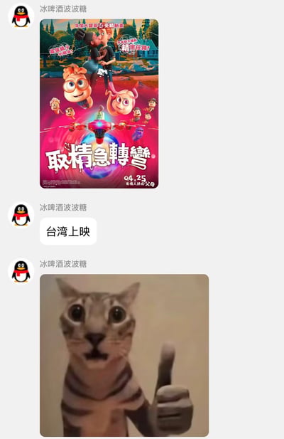 这是一段QQ平台的聊天记录截图，用户「冰啤酒波波糖」分享了动画电影《取情急轉彎》的台湾地区宣传海报，海报以拟人化的精子等卡通形象为主体，搭配谐音梗片名「取情急轉彎」（谐音「娶情急轉彎」），用幽默的方式包装受孕相关的搞笑动画内容，标注上映日期为04.25，配文「有情人終成父母」。随后用户发送文字「台湾上映」说明消息，最后发送一张猫咪竖起大拇指的表情包，表达对该电影上映的认可与期待。