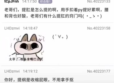 这是一张聊天记录截图，展示了关于提肛运动的搞笑误解。第一位用户询问提肛方法，误以为需要用手抠，结果第二位用户用幽默方式纠正，指出提肛其实是收缩肛门，不需要用手。中间还配有一个惊讶表情的卡通猫图片，增加了搞笑效果。