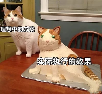 图片左侧是一只真实的橘白相间猫咪，眼神无辜地注视前方，上方配有文字'理想中的方案'。右侧是一个猫咪形状的蛋糕，虽然努力模仿了猫咪的外形，但整体比例失调，表情略显呆滞，上方配有文字'实际执行的效果'。两者形成鲜明对比，幽默地展现了理想与现实之间的差距。