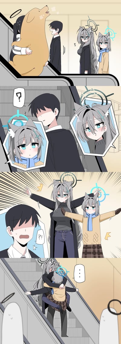 这是一组基于手游《蔚蓝档案》创作的四格同人漫画，讲述了以下剧情：
1. 自动扶梯上，抱着大型狗狗玩偶的女学生和老师（Sensei）在前，后方的长发砂狼白子与小版白子看到后露出惊讶的反应；
2. 老师回头，发现两个白子都红着脸，露出疑惑的表情；
3. 两个白子张开手臂朝着老师的方向扑去，老师露出震惊的神情；
4. 最终两个白子在扶梯上紧紧相拥，老师则在一旁一脸懵圈。整体是温馨可爱的粉丝向日常剧情，没有双关或谐音梗。
