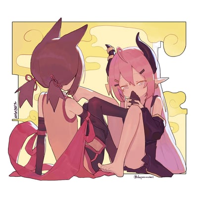画面呈现了两位二次元少女的亲昵互动场景：左侧是扎着双马尾的猫耳少女，背对着镜头，伸手轻触右侧粉发恶魔少女的脸庞；右侧的粉发恶魔少女眼角挂着泪珠，眼眸中浮现出心形图案，满脸羞涩地用手捂住脸。背景是暖黄色调搭配祥云纹样的边框，整体氛围温馨又带着暧昧的羞涩感，没有双关、谐音梗或暗示内容。