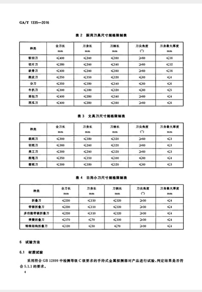 这是公共安全行业标准GA/T 1335-2016的第4页内容，包含三类刀具的尺寸规格限制表格与部分试验方法：
1. 表2厨用刀具尺寸规格限制表，规定了斩切刀、切片刀等8类厨用刀的全刀长、刀身长、刀柄长、刀尖角度、刀身最大厚度的数值限制；
2. 表3文具刀尺寸规格限制表，规定了裁纸刀、切纸刀等5类文具刀的相关尺寸限制；
3. 表4日用小刀尺寸规格限制表，规定了折叠刀、带锁折叠刀等5类日用小刀的相关尺寸限制；
此外还有6试验方法中的6.1材质试验，明确采用符合GB 12899中C级要求的手持式金属探测器进行材质检测，判定是否符合标准要求。