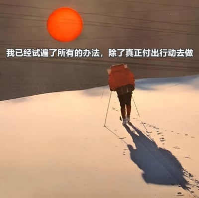 图片展示了一位背着橙色大背包的徒步者在雪地上行走的背影，远处天空中有一个明亮的橙色太阳。图片上方有一行文字：'我已经试遍了所有的办法，除了真正付出行动去做'，形成一种幽默的反差效果，用徒步者看似在行动的画面讽刺那些只思考不行动的人。