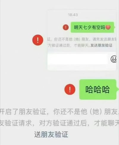 这是一张聊天记录截图，展示了七夕节前试图约人却遭遇尴尬的场景。上方消息气泡显示“明天七夕有空吗❤️”，但下方被红色感叹号和系统提示覆盖：“你还不是他（她）朋友。请先发送朋友验证请求，对方验证通过后，才能聊天。发送朋友验证”。下方另一绿色消息气泡“哈哈哈”同样被相同提示拦截，形成因非好友关系导致约人失败的搞笑画面，充满社交尴尬的幽默感。