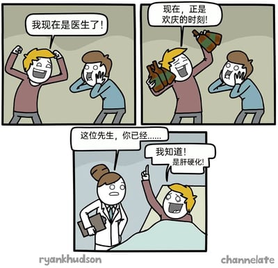 这是一幅三格连环卡通漫画，第一格中黄发男子兴奋地举起双手，向友人宣布“我现在是医生了！”，友人双手捂嘴，露出惊讶的表情；第二格中黄发男子高举酒瓶，欢呼“现在，正是欢庆的时刻！”，友人依旧维持惊讶的神态；第三格场景切换到医院，黄发男子躺在病床上，女医生拿着病历夹开口说道“这位先生，你已经……”，话还没说完，黄发男子就兴奋地举起手指抢答“我知道！是肝硬化！”。漫画通过黑色幽默的方式，讽刺了过度酗酒狂欢对健康的损害，同时利用“成为医生”的喜悦和后续因酗酒患病的反差，制造出荒诞又带有警示意义的笑点。