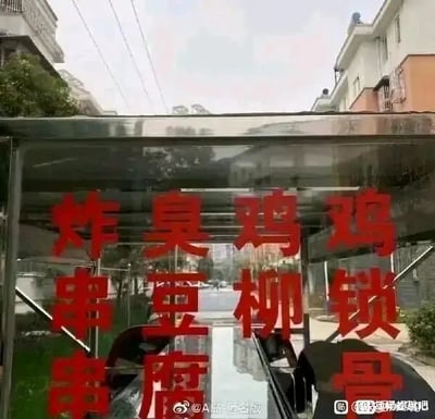 这是一张原始拍摄的静态单图，画面主体是一个街头小吃车的透明玻璃挡板，上面用醒目的红色大字标注着售卖的小吃品类，文字分为三行横向排列：第一行是“炸、臭、鸡、鸡”，第二行是“串、豆、柳、锁”，第三行是“串、腐、 、骨”。由于排版方式的问题，若横向读取会出现“炸臭鸡鸡”这类容易产生误解的组合，但实际正确的读法应为竖排，对应四种常见街头油炸小吃：炸串串、臭豆腐、鸡柳、鸡锁骨。背景是居民区的街巷，两侧是多层居民楼，空中可见交错的电线，还有绿植点缀，整体是充满生活气息的日常户外场景。