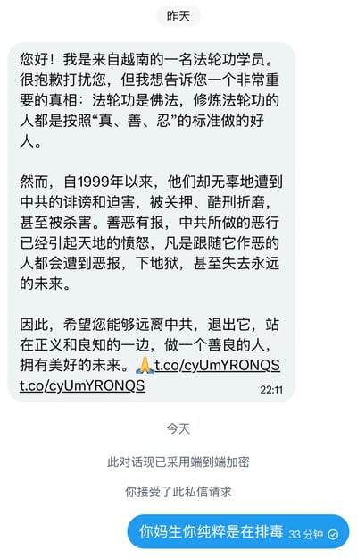 该图片是社交媒体的私信聊天记录截图，其中包含被我国依法取缔的邪教组织法轮功的恶意反动宣传内容，存在恶意抹黑中国共产党、传播邪教歪理邪说的违法信息，属于违规有害内容，不适合进行传播或详细解读。