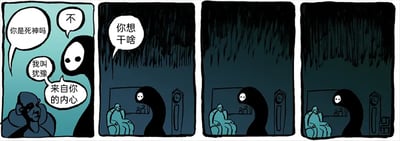 这是一组四格连环卡通漫画，整体采用昏暗偏冷的色调，搭配雨夜背景，营造出压抑低落的氛围。第一格中，一位眉头紧锁、神情苦闷的男子坐在椅子上，对着面前一个身着黑袍、外形酷似死神的存在发问“你是死神吗？”，黑袍存在回应“不”，并自我介绍“我叫犹豫，来自你的内心”；第二格中，男子疑惑地询问“你想干啥”；第三格和第四格没有对话，“犹豫”只是静静站在男子身后，默默陪伴着他。漫画通过拟人化的手法，将抽象的“犹豫”情绪具象成类似死神的形象，直观地表现出犹豫这种负面情绪会像死神一样给人带来沉重的压迫感，并且会在人情绪低落、迷茫的时候悄然出现，一直伴随在人们左右，引发读者对自身被犹豫情绪困扰状态的共鸣。