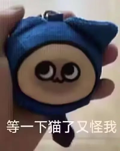 这是一张趣味静态表情包，画面左侧有一只手捏着热门游戏《蛋仔派对》的蓝色蛋仔毛绒挂件，挂件有着大大的下垂感眼睛，整体神态无辜忐忑，图片底部配有白色文字“等一下猫了又怪我”，利用“猫”和“冒”的谐音玩梗，意思是提前告知对方如果之后自己出错掉链子不要怪罪自己，用来表达怕背锅、怕被冤枉的小心翼翼的情绪，适合日常聊天互动使用。