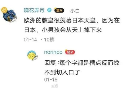 这是一张网络社交平台的评论截图，上面有两条评论。第一条提出了一个荒谬的观点：“欧洲的教皇很羡慕日本天皇，因为在日本，小男孩会从天上掉下来。”这句话本身语义混乱，没有逻辑，暗含玩梗或故意胡说八道的意味，可能利用了中日文化和宗教差异的荒诞感做笑点。第二条评论则用自嘲和困惑的语气回复：“每个字都是槽点，反而我找不到切入口了”，形象表达了面对迷惑发言时的无从下手、吐槽点太多反而不知道怎么吐槽的尴尬搞笑场面。

* 暗含了网络吐槽文化和“槽点太多”的抱怨式幽默。
* 无谐音梗，但主打语义混乱和脑洞大开形成的反差。